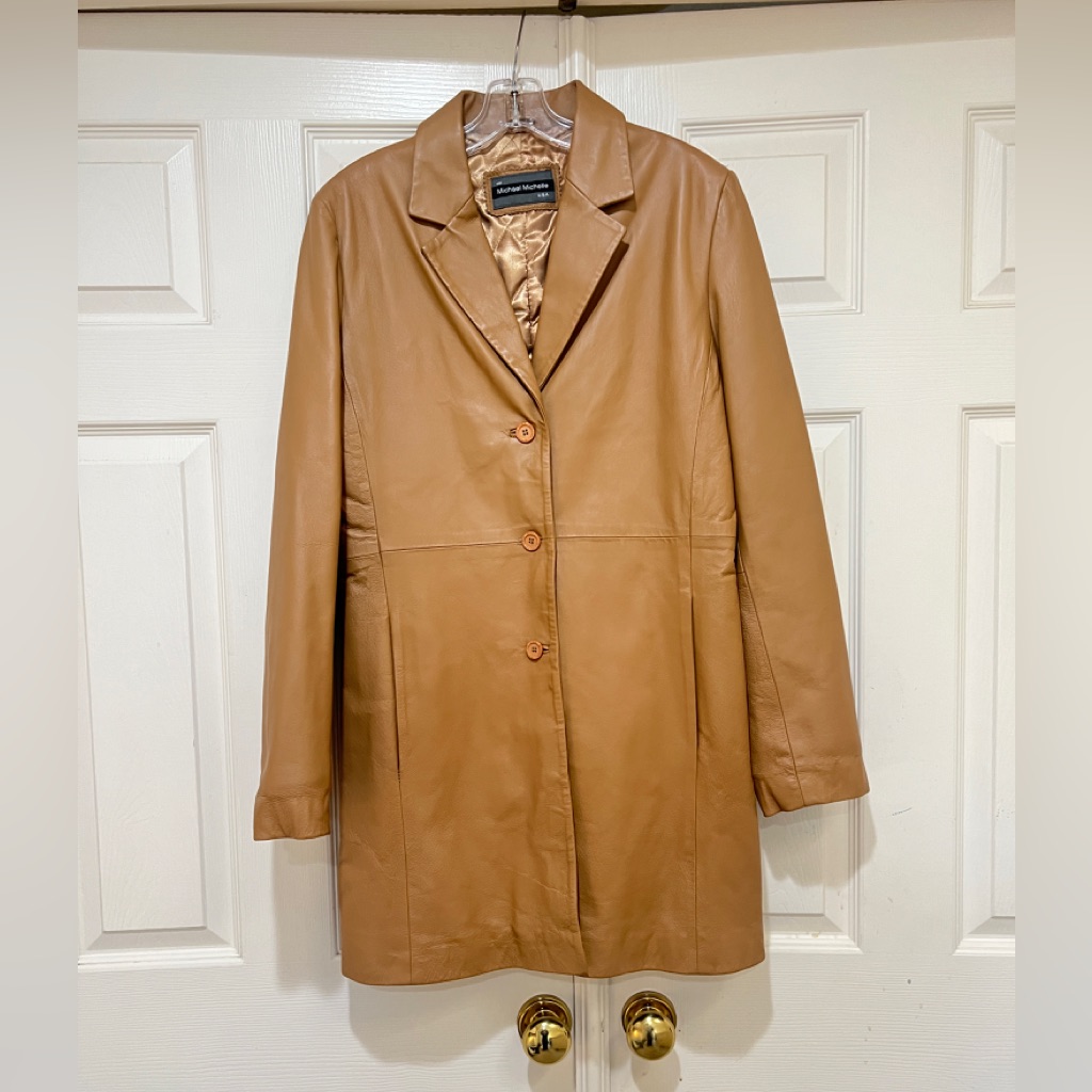 Women Sz Medium Tan Leather Long Jacket Coat Pockets Mob Wife Old Money Winter